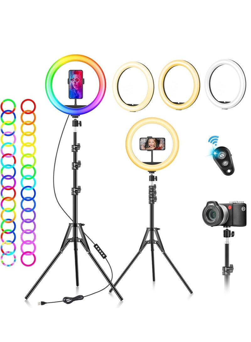 Ring Light with Tripod Stand & Phone Holder - 10 inch Selfie LED Ringlight Desktop Lamp 40 Colors RGB Tall Circle Light for Camera Makeup Video YouTube TikTok Live Streaming Zoom Meetings. - Image 4