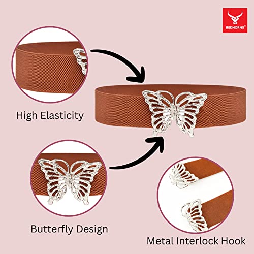 REDHORNS Fabric Elastic Waist Belt for Women Dresses Butterfly Design Stretchy Wide Belt for Ladies Saree - Free Size (LD134F_Tan) - Image 3