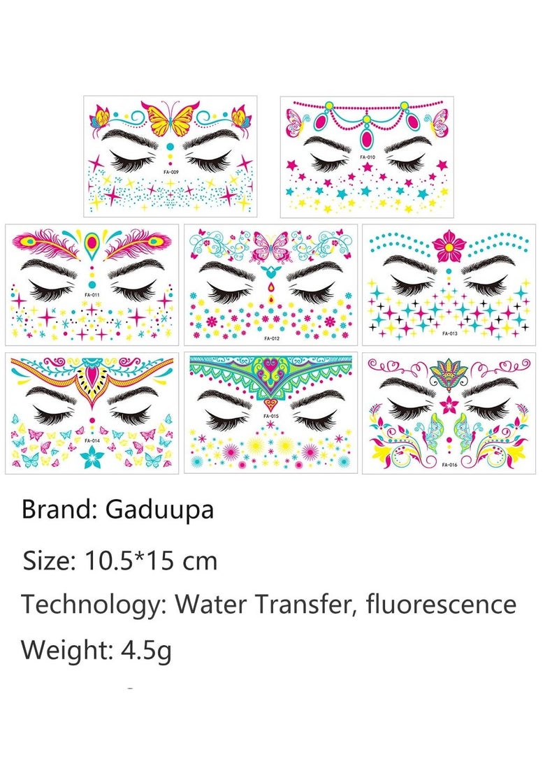 Luminous Face Tattoo Stickers Body Glow in the Dark Fluorescent Face Rhinestone Tattoo Temporary Tattoo Sparkly UV Neon Mask Tattoo Rave Festival Accessory Party (8 PCS) - Image 3