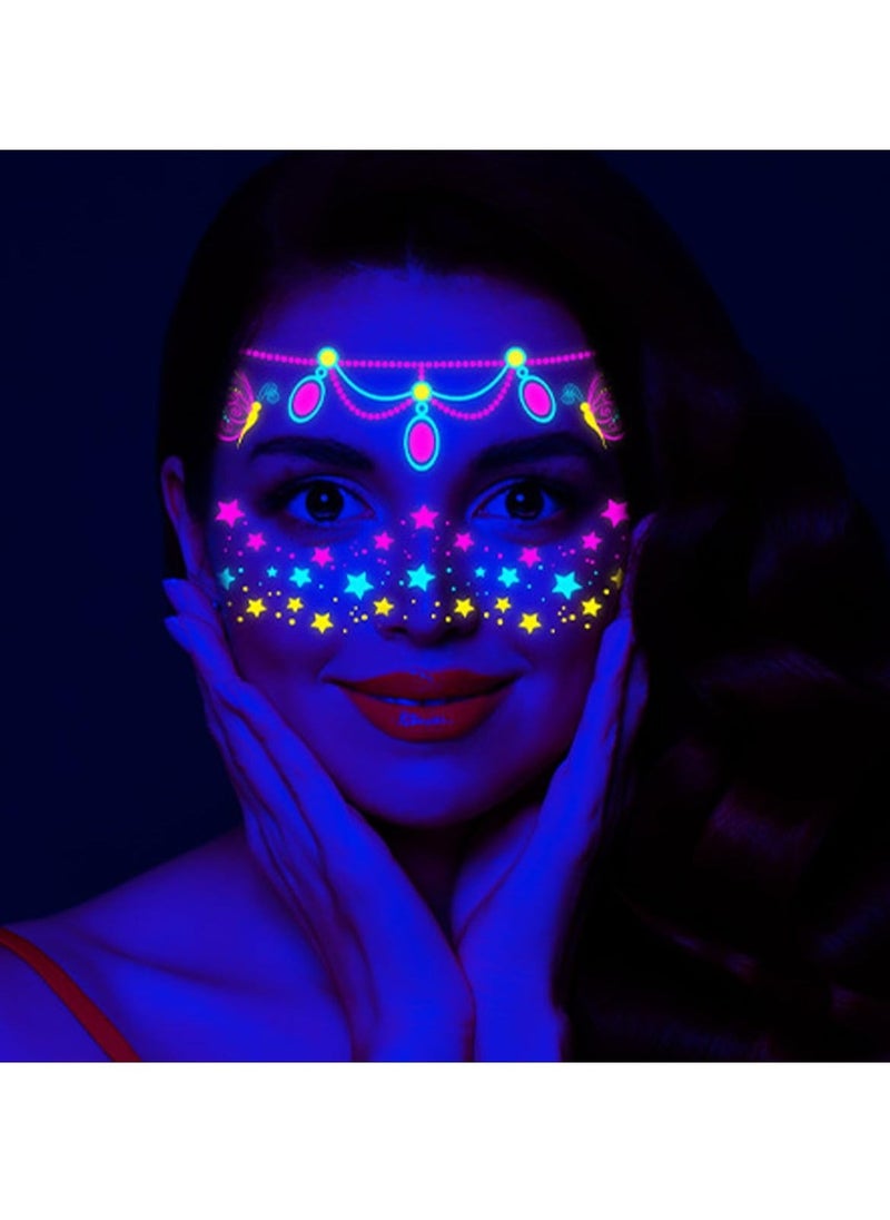 Luminous Face Tattoo Stickers Body Glow in the Dark Fluorescent Face Rhinestone Tattoo Temporary Tattoo Sparkly UV Neon Mask Tattoo Rave Festival Accessory Party (8 PCS) - Image 5