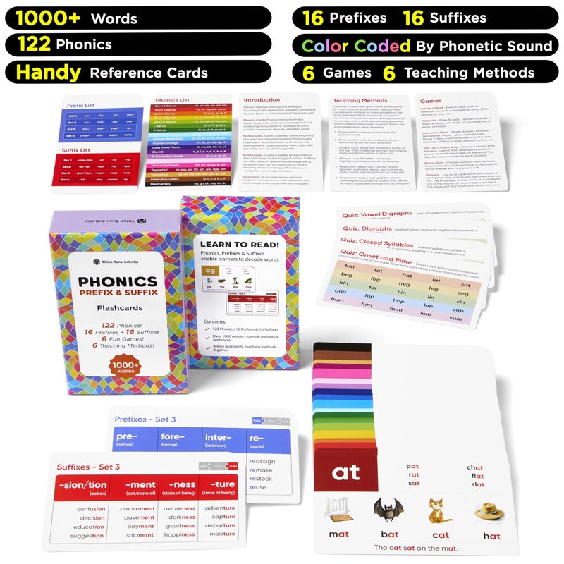 ثينك تانك سكولير بطاقات فلاش Think Tank Scholar Phonics + البادئات واللاحقات (1000+ كلمة) 122 سماع الصوت 6 طرق تدريس و6 ألعاب تعليمية ممتعة - مرحلة ما قبل المدرسة ورياض الأطفال الصف الأول والثاني والثالث في المنزل للأعمار من 4 إلى 8 سنوات - Image 2