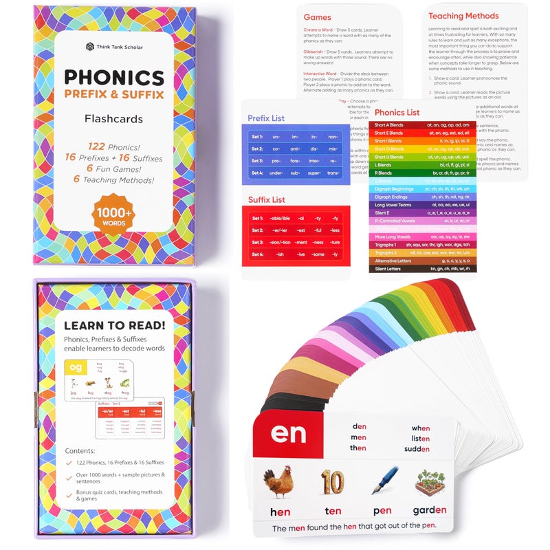 ثينك تانك سكولير بطاقات فلاش Think Tank Scholar Phonics + البادئات واللاحقات (1000+ كلمة) 122 سماع الصوت 6 طرق تدريس و6 ألعاب تعليمية ممتعة - مرحلة ما قبل المدرسة ورياض الأطفال الصف الأول والثاني والثالث في المنزل للأعمار من 4 إلى 8 سنوات - Image 1