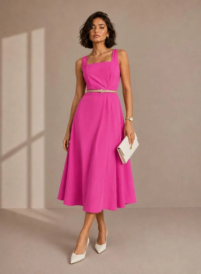 ستايلي Pink Solid Square Neck Sleeveless A-Line Midi Dress