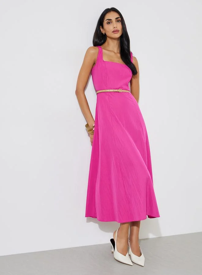 ستايلي Pink Solid Square Neck Sleeveless A-Line Midi Dress