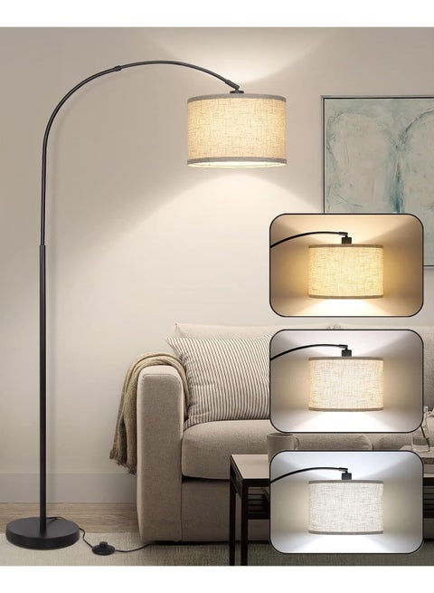 Arc Floor Lamp, Modern Floor Lamp with 3 Color Temperature, Tall Lamp for Living Room with Foot Switch, Arc Floor Lamp with Adjustable Hanging Drum Shade, Weighted Base Black 1890x946 mm