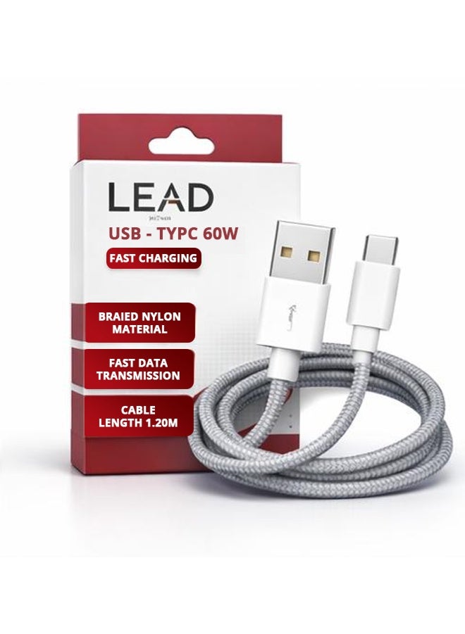 LEAD USB to USB-C 60W PD Fast Charging Cable – High-Quality Original Cable Supports Laptops and Mobile Phones – Fast Data Transfer and High Durability