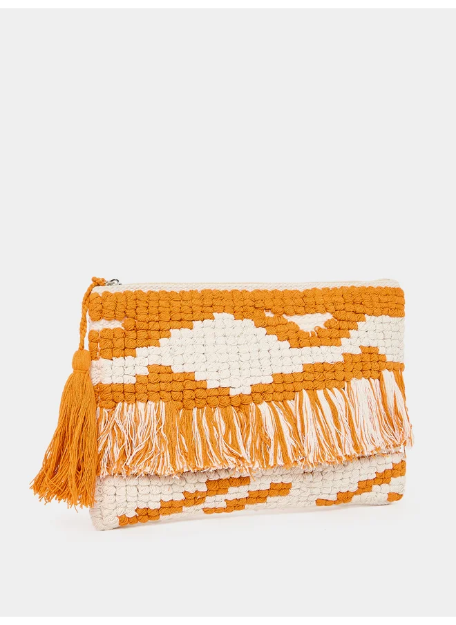 Styli Styli Pattern Fringe Clutch with Tassel Detail
