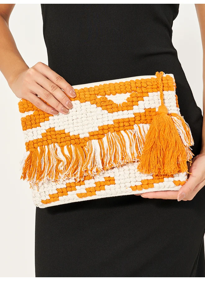 Styli Styli Pattern Fringe Clutch with Tassel Detail