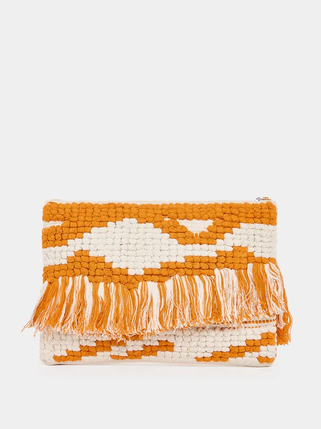 Styli Styli Pattern Fringe Clutch with Tassel Detail