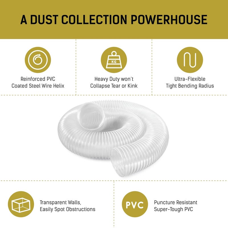LOSTRONAUT 2.5 Inch x 20 Feet Dust Collection Hose - Heavy Duty, Puncture Resistant, Flexible, Clear PVC Pipe for Extracting Debris, & Fumes - Coated Wire Helix Reinforced - With 2 Stainless Steel Hose Clamps - Image 3