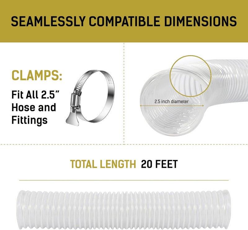 LOSTRONAUT 2.5 Inch x 20 Feet Dust Collection Hose - Heavy Duty, Puncture Resistant, Flexible, Clear PVC Pipe for Extracting Debris, & Fumes - Coated Wire Helix Reinforced - With 2 Stainless Steel Hose Clamps - Image 5