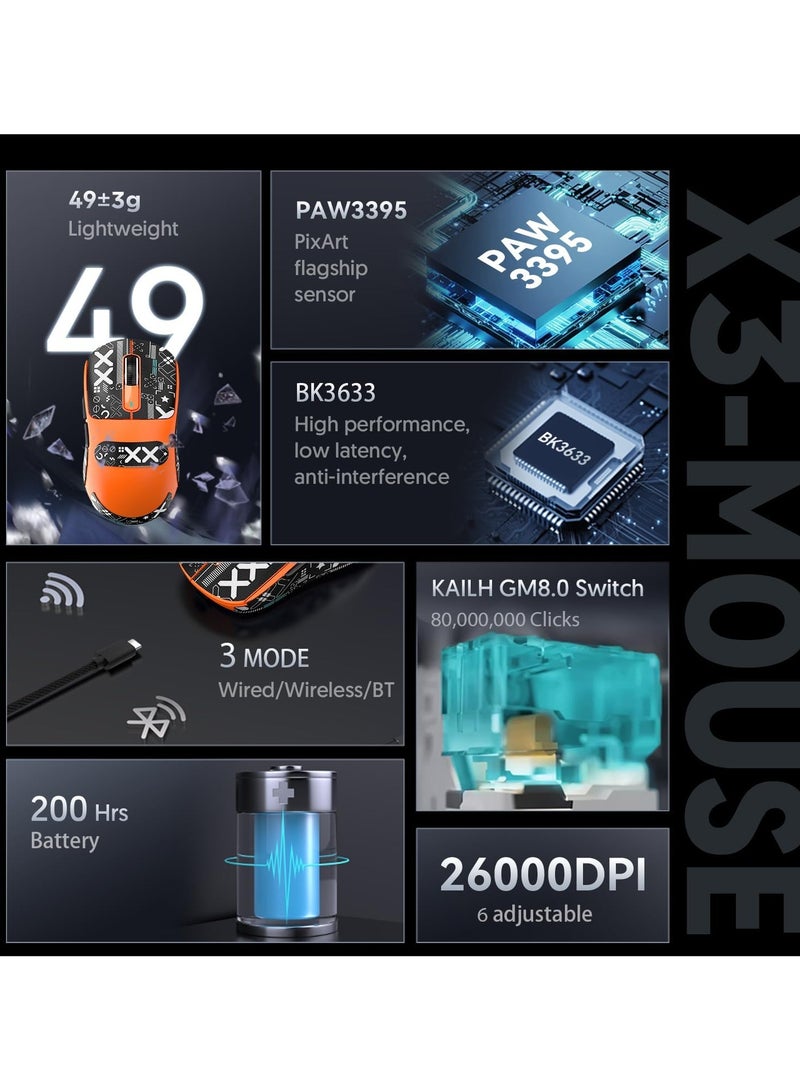 هجوم القرش ماوس الألعاب اللاسلكي ATTACK SHARK X3 – تصميم فائق الخفة 49 جرام – مستشعر بصري 26,000 DPI – اتصال ثلاثي (لاسلكي 2.4GHz، بلوتوث، سلكي) – أزرار قابلة للبرمجة – إضاءة RGB – قبضة مريحة – متوافق مع الكمبيوتر الشخصي، اللابتوب، ماك (البرتقالي) - Image 3