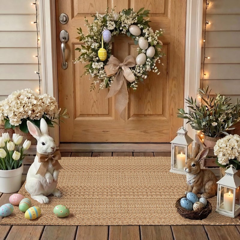 MatEssenz 27.5"x43" Washable Outdoor Front Door Mat, Textured Natural Woven Low-Profile Patio Rug with Non-Slip Backing, Neutral Light Brown, for Porch, Entryway, Layering - Image 1