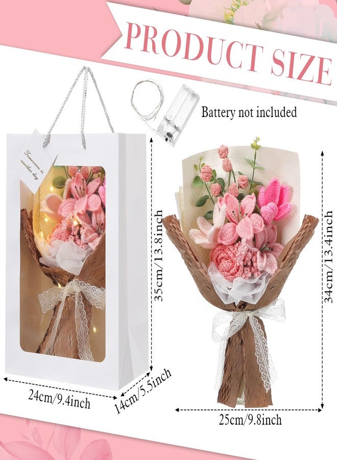 Juinte Crochet Flower Bouquet Completed Handmade Knitted Bouque Gifts with Lily Tulips Rose for Women Mom Christmas Valentines Day Mother's Day Birthday Wedding Teacher Day New Year Decor(Pink) - Image 2