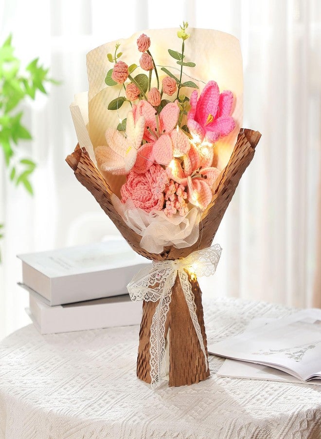 Juinte Crochet Flower Bouquet Completed Handmade Knitted Bouque Gifts with Lily Tulips Rose for Women Mom Christmas Valentines Day Mother's Day Birthday Wedding Teacher Day New Year Decor(Pink) - Image 3