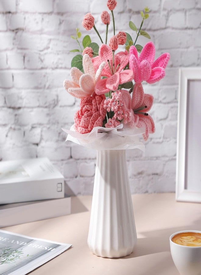 Juinte Crochet Flower Bouquet Completed Handmade Knitted Bouque Gifts with Lily Tulips Rose for Women Mom Christmas Valentines Day Mother's Day Birthday Wedding Teacher Day New Year Decor(Pink) - Image 4