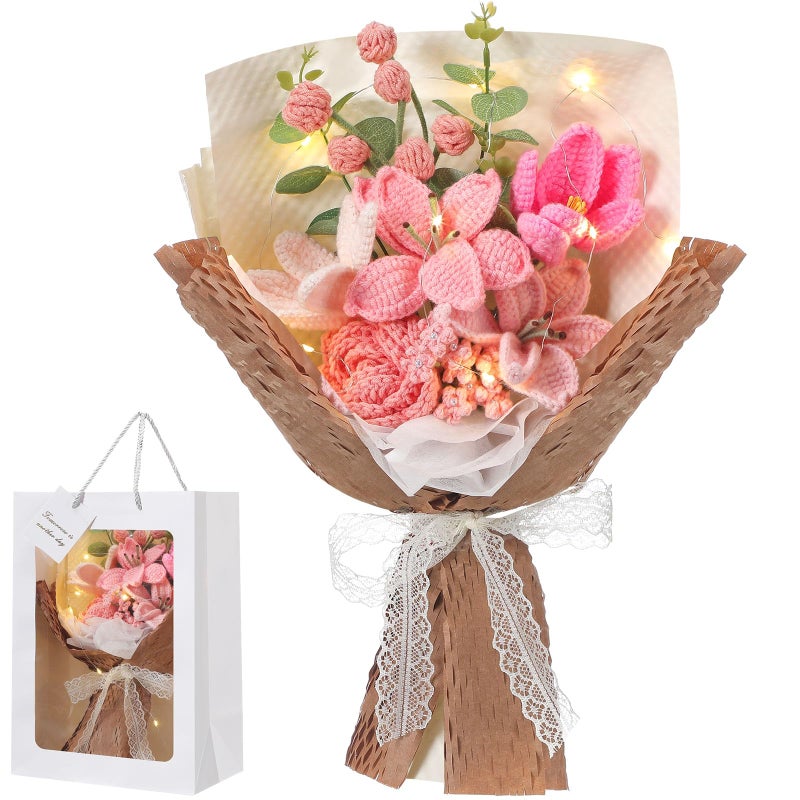 Juinte Crochet Flower Bouquet Completed Handmade Knitted Bouque Gifts with Lily Tulips Rose for Women Mom Christmas Valentines Day Mother's Day Birthday Wedding Teacher Day New Year Decor(Pink) - Image 1