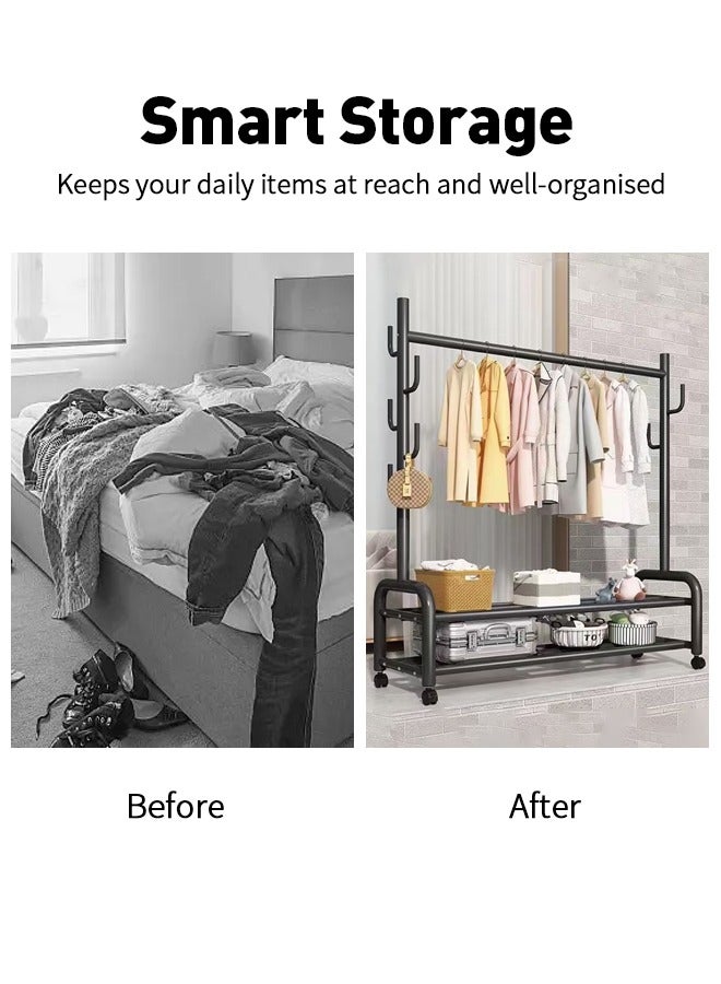 GUDOO Metal Clothes Hanger Organizer and Black Clothes Stand with Wheels 165x100x37cm - Image 3