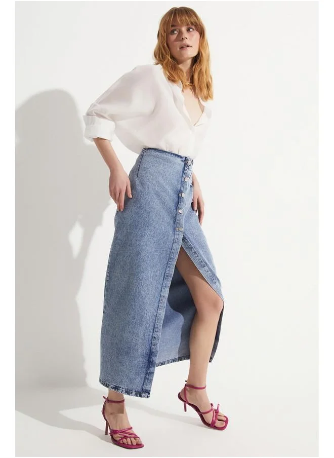 جون June Asymmetric Closure Jean Skirt Blue