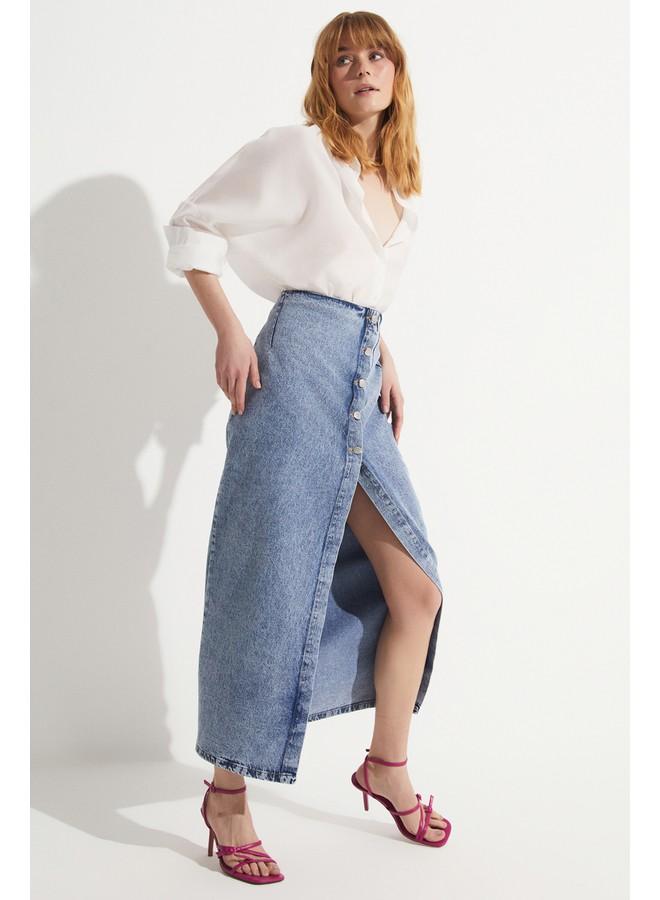 جون جيبة جينز بحزام غير متماثل أزرق - Image 3