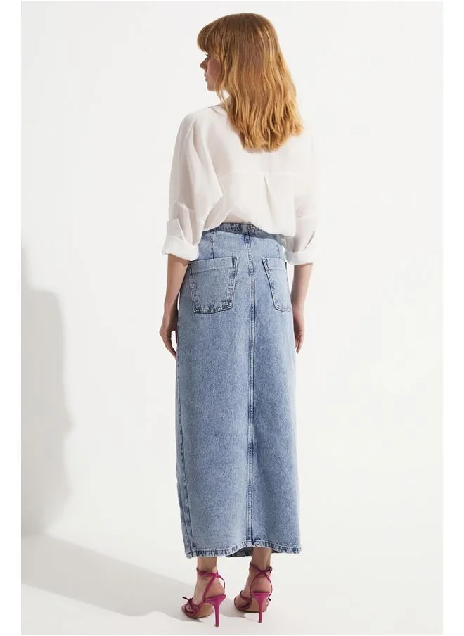 جون June Asymmetric Closure Jean Skirt Blue