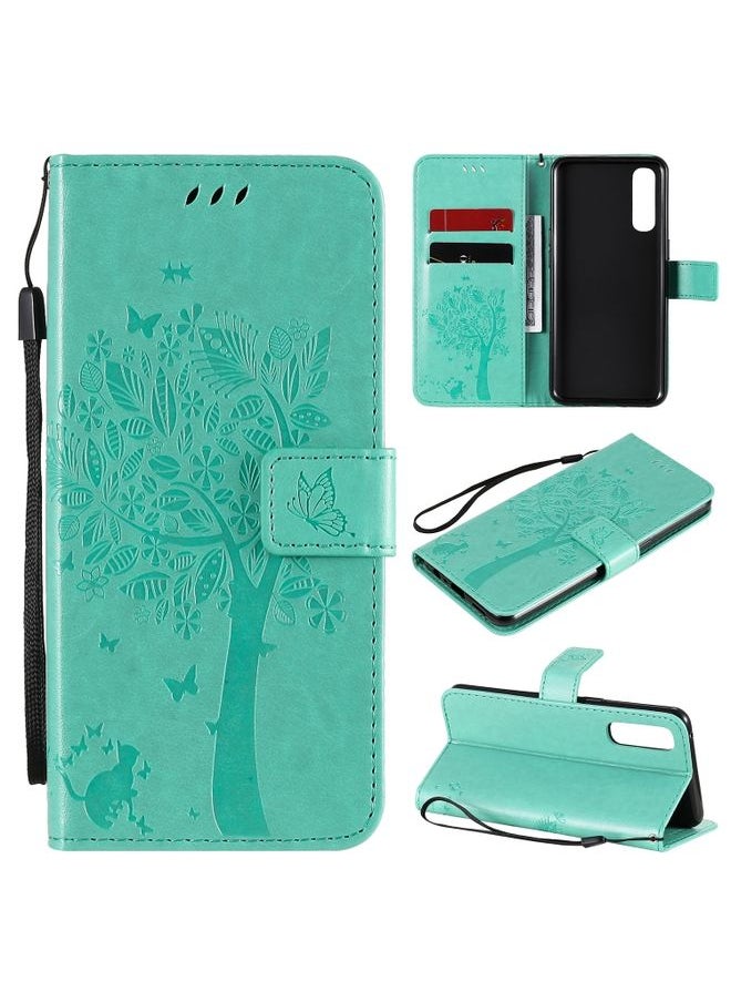 HuHa Case Cover For Oppo Reno3 Pro 4G Tree & Cat Embossed Pattern Horizontal Flip Leather Case with Holder & Card Slots & Wallet & Lanyard Green 