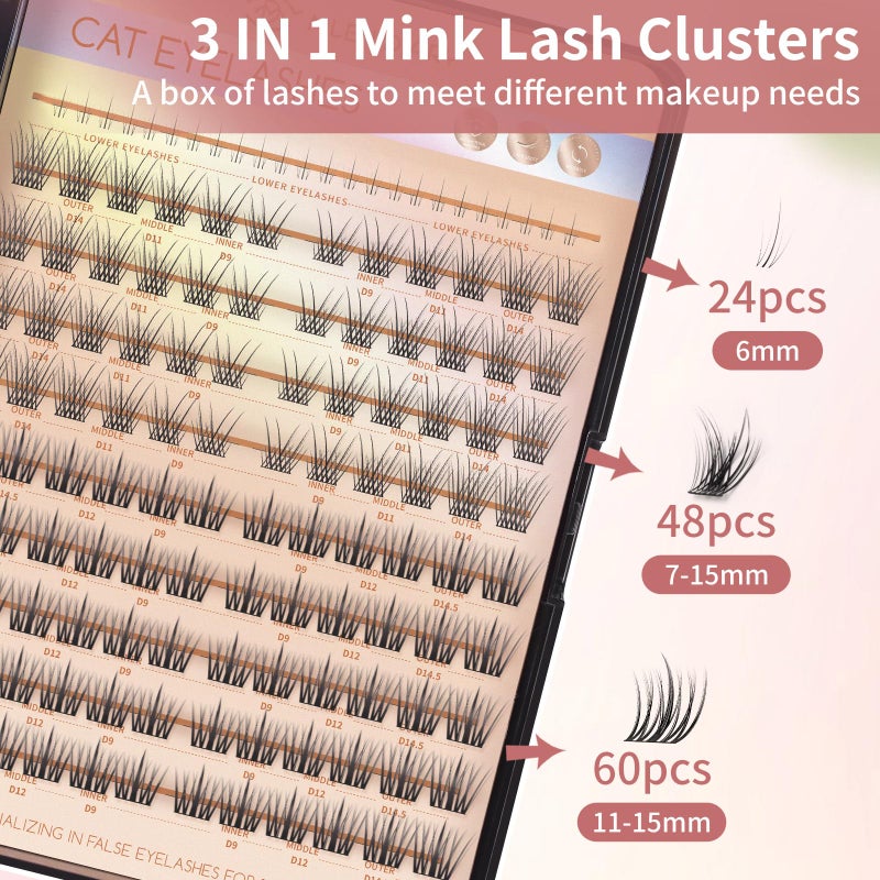 MLEN DIARY 132 Clusters Fox Eye Lash Clusters Wispy Cat Eye Lashes Individual Lash Extensions with Bottom Lashes 4D D Curl Manga Eyelash Extension Kit Fluffy Mink Lashes Natural Look Faux False Lashes - Image 3
