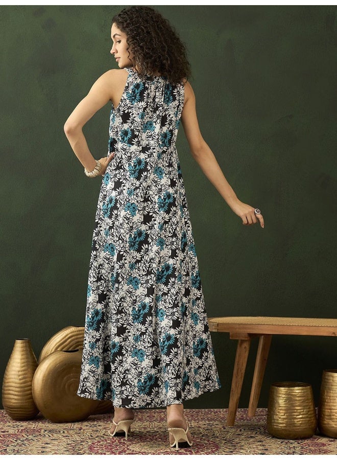 AKS halter Neck Floral Printed Fit And Flare Maxi Dress - Image 4