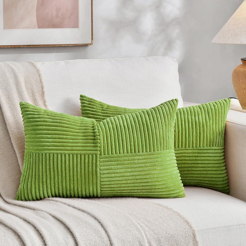 Fancy Homi غطاءان وسائد زخرفية من فانسي هومي بطبعة ريفية بوهيمية باللون الترابي مقاس 18x18 بوصة للأريكة والسرير والأسرة، ديكور منزل ريفي خريفي، غطاء وسادة ناعم من قماش الكوردوروي المزخرف بتقنية الترقيع والملمس المحبب مقاس 45x45 سم - Image 1