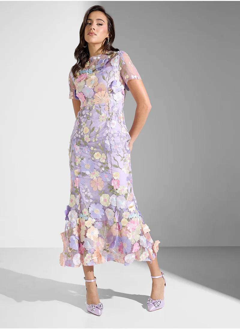 Ginger Boutique Floral Applique Embellished Midi Dress