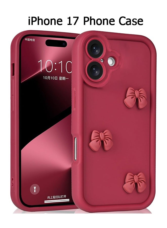 متوافق مع غطاء هاتف iPhone 17 - غطاء هاتف بتصميم ثُلاثي الأبعاد مع فيونكة باللون الأحمر النبيذي - غطاء هاتف بلون صلب - غطاء حماية مخصص من TPU صلب ومقاوم للصدمات - لون أحمر نبيذي