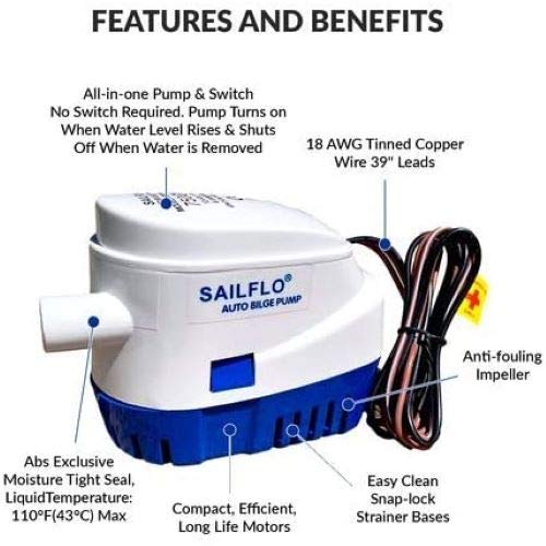 SAILFLO Automatic Bilge Pump for Boats 750 GPH (3/4" Hose Outlet) 12 Volt Auto Bilge Pump with Built-In Float Switch - Image 3