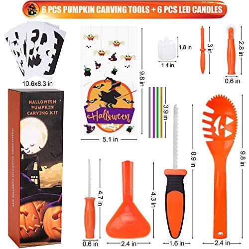 SKINOSM Pumpkin Carving Kit for Kids, 5 Easy Halloween Pumpkin Carving Tools Set, 2 LED Candles & 10 Carving Stencils - Image 3