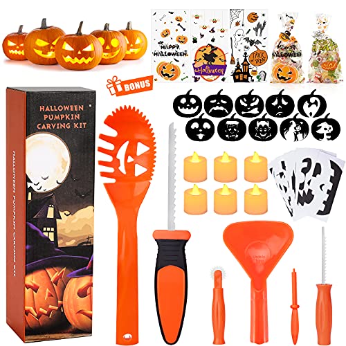 SKINOSM Pumpkin Carving Kit for Kids, 5 Easy Halloween Pumpkin Carving Tools Set, 2 LED Candles & 10 Carving Stencils - Image 1