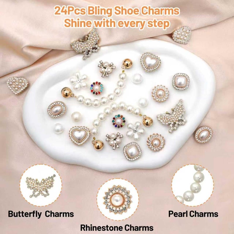 Lugailly 24 Pcs Bling Shoe Charms with Pearl Chains, Pearl Shoe Decoration Charms, Butterfly Flower Rhinestone Jewelry Shoes Accessories for Women Girls, Bling Cute Decor for Clog Sandals, Party Birthday Gifts - Image 2