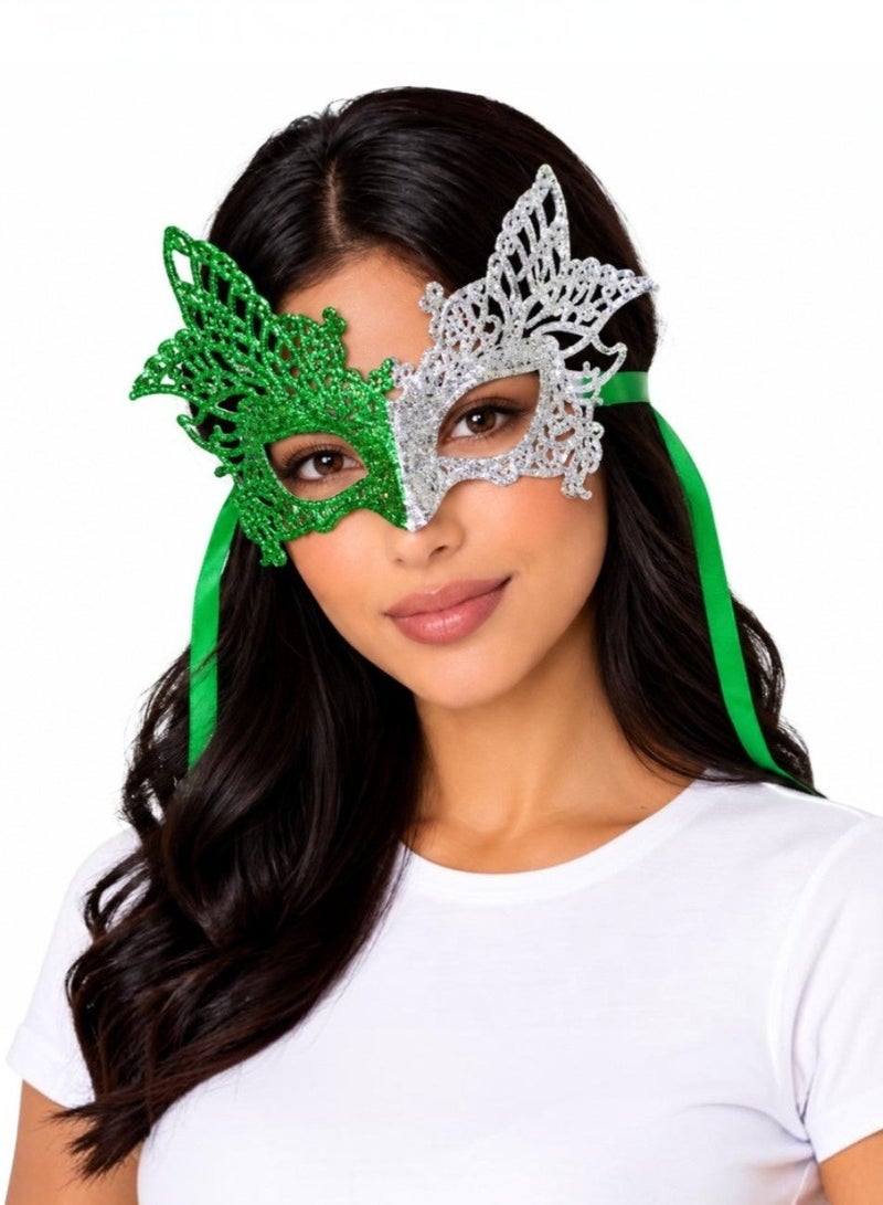 Toy Box Women's Half Face Lace Eye Mask, Green and Silver Glitter Costume Party Mask for Saudi National Day - Image 1