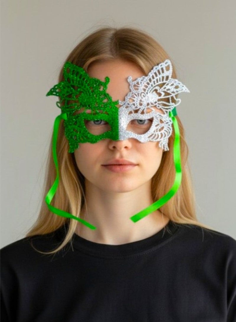 Toy Box Women's Half Face Lace Eye Mask, Green and Silver Glitter Costume Party Mask for Saudi National Day - Image 2