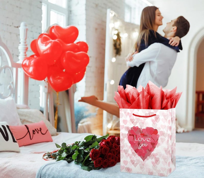Linelglobal White Valentine Gift Bag with Pink Hearts with Tissues, Card, Envelope, Label and A Cute Sticker for Gathering, Garty, Gift-giving, Valentine's Day, Mother's Day - Image 5