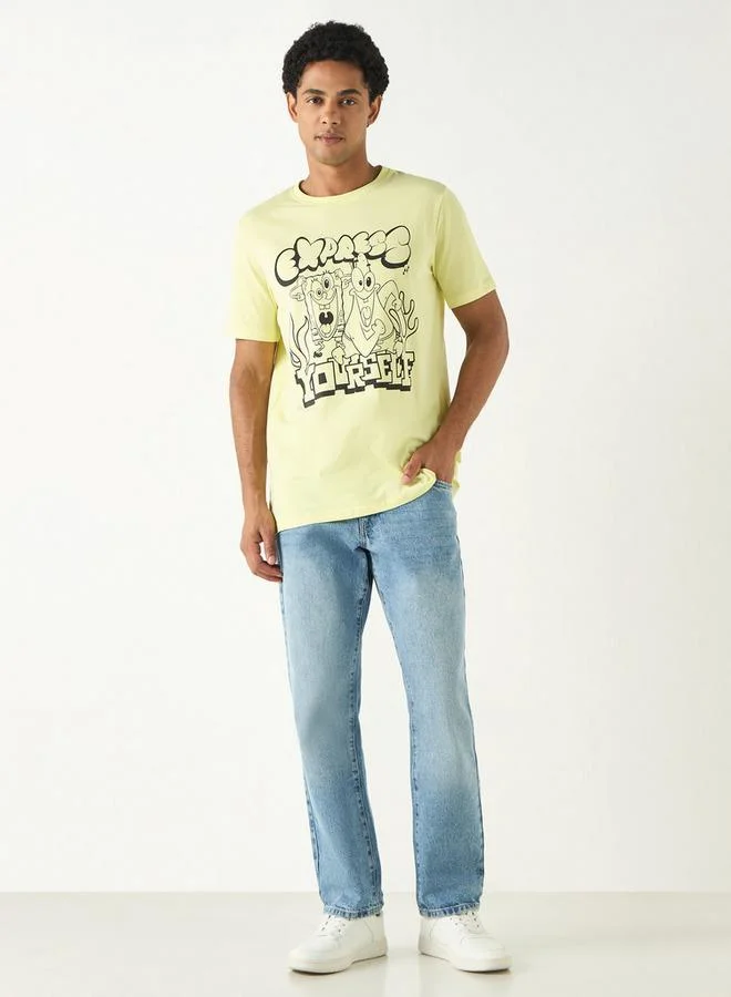 SP Characters SpongeBob SquarePants Print Crew Neck T-shirt with Short Sleeves