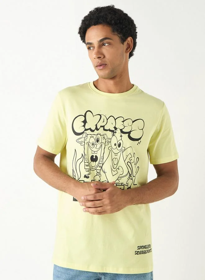 SP Characters SpongeBob SquarePants Print Crew Neck T-shirt with Short Sleeves