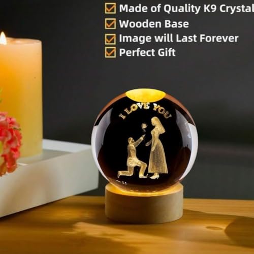 Desidiya 3D Crystal Love You Lamp for Couples Engraved Crystal Ball LED Night Light with Wooden Base - USB Powered Glass Ball Led Night Light Table Lamp for Loved Ones to Gifting,Warm White - Image 3