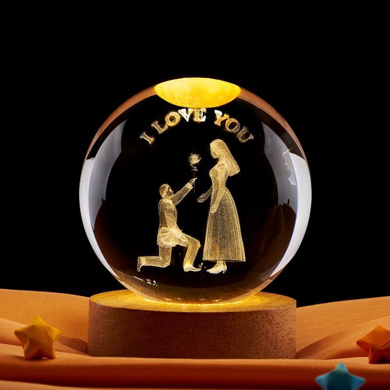 Desidiya 3D Crystal Love You Lamp for Couples Engraved Crystal Ball LED Night Light with Wooden Base - USB Powered Glass Ball Led Night Light Table Lamp for Loved Ones to Gifting,Warm White - Image 1