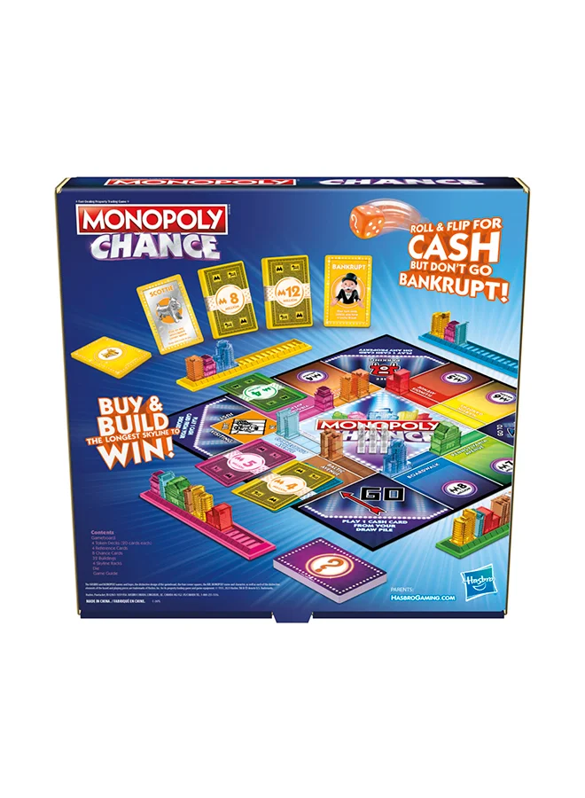 مونوبولي Chance Board Game - Fast-Paced, Family Fun, Risk-Taking Board Game for Kids and Adults, Strategic Property Buying, 20-Minute Gameplay, Skyline Building, Ages 8+, 2-4 players
