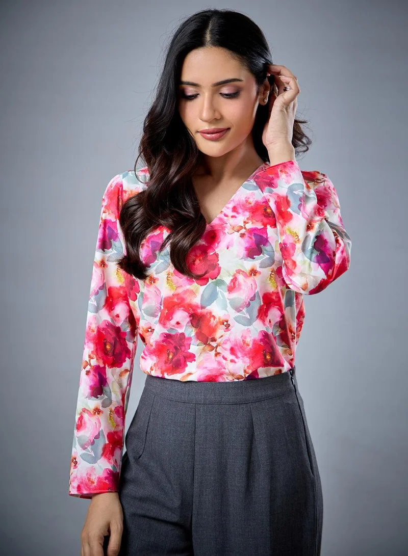 زجزاج Long Sleeve V Neck Printed Top