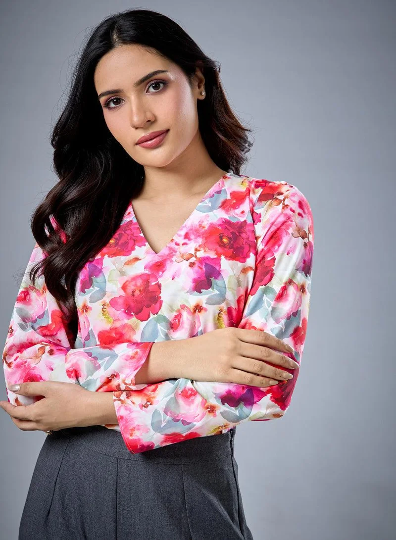 Zigzag Long Sleeve V Neck Printed Top