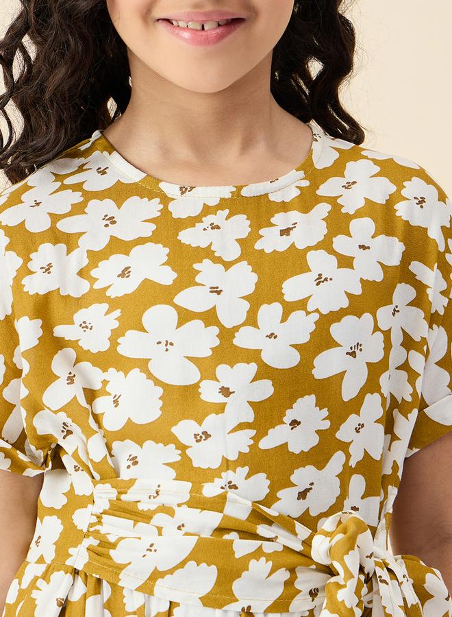 Stylo Bug Girls Mustard Floral Print Waist-Tie Dress - Image 4