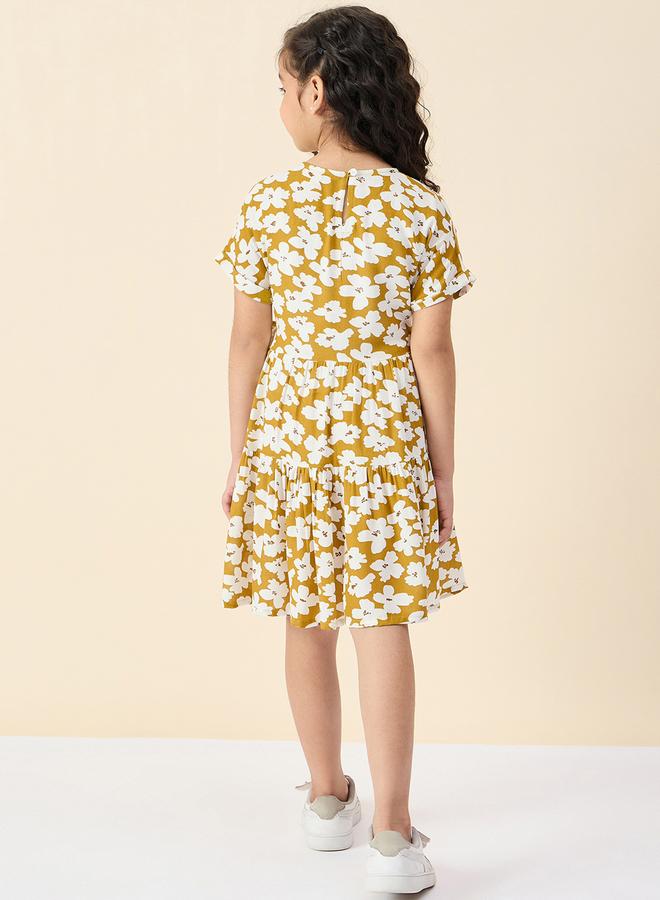 Stylo Bug Girls Mustard Floral Print Waist-Tie Dress - Image 3