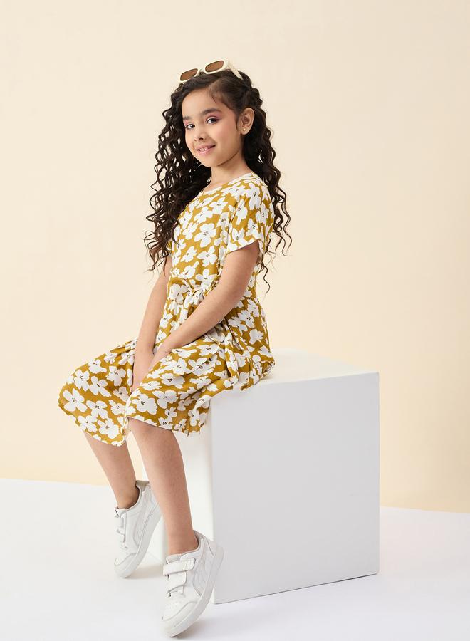 Stylo Bug Girls Mustard Floral Print Waist-Tie Dress - Image 5