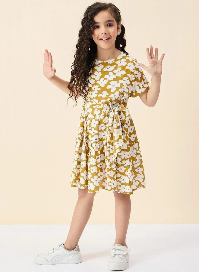 Stylo Bug Girls Mustard Floral Print Waist-Tie Dress