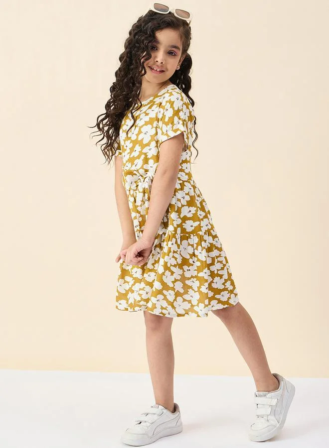 Stylo Bug Girls Mustard Floral Print Waist-Tie Dress